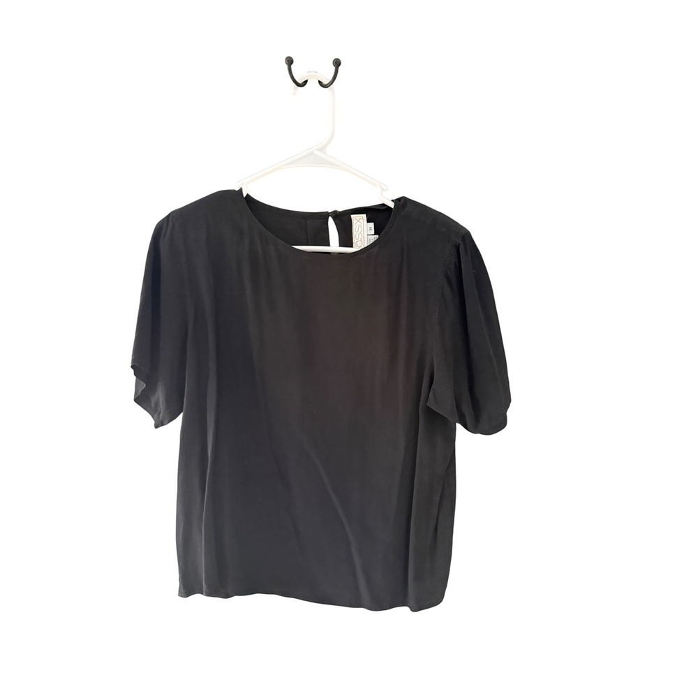 Classix Womens Black 100% Silk Short Puff Sleeve Keyhole Back Blouse Size M